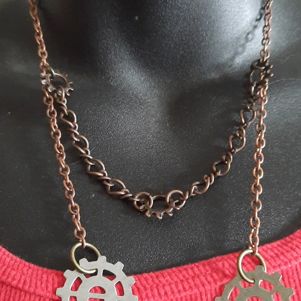 Steampunk Rose and Gears Double Strand Necklace Awesome look - Picture 3 of 4